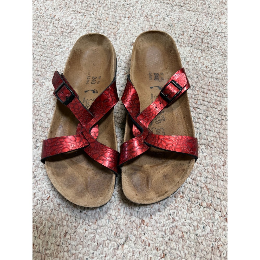 Birkis Birkenstock Red Metallic Croc Embossed Cross Strap Sandals 37 L6 M4